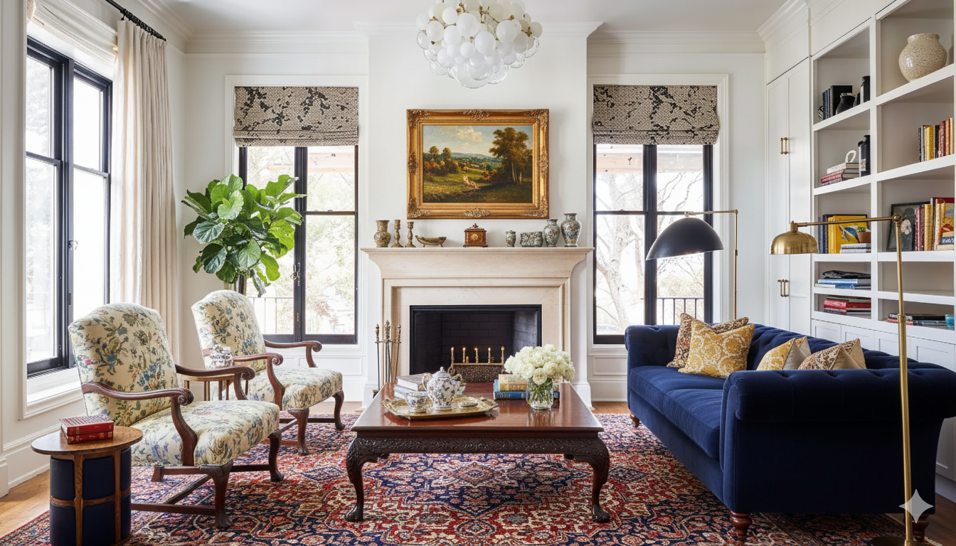 After virtual staging - modern living room with blue accents and contemporary furniture